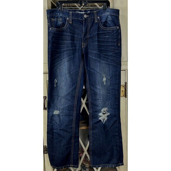 Machine Men Dark Blue Jean Sz 38x32 Distressed Straight Leg Relaxed Fit Denim T4 - Picture 2 of 11